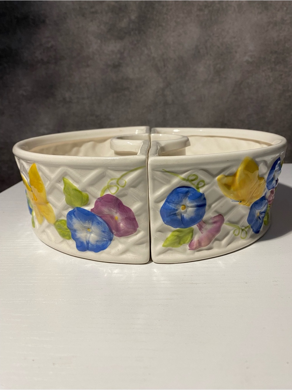 Vintage Avon Ceramic 2 Pc Ring Planter Morning Glory Dragonfly Dish